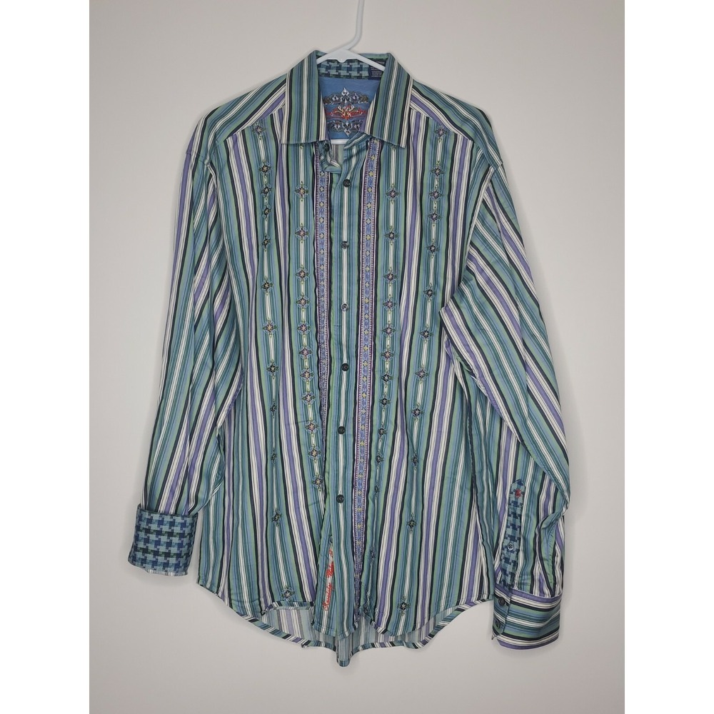Robert Graham Men Size XL Cotton Silk Detailing Blue Purple Stripe Flip Cuff